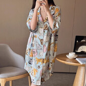 Vasarinė moteriška pižama suknelė ledinis šilko paviršius naujas animacinis kačių naktinis marškinys, atvartas trumpomis rankovėmis pižamos suknelė mergaitei naktinis marškinys