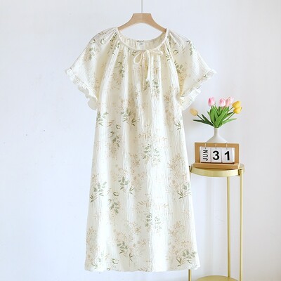 Tavasz és nyár 2024 új női hálóing 100% pamut rövid ujjú szoknya kerek nyakú, szép virágos szabadidős háztartási szoknya