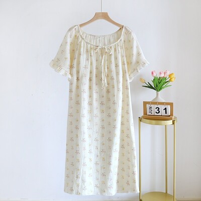 Tavasz és nyár 2024 új női hálóing 100% pamut rövid ujjú szoknya kerek nyakú, szép virágos szabadidős háztartási szoknya
