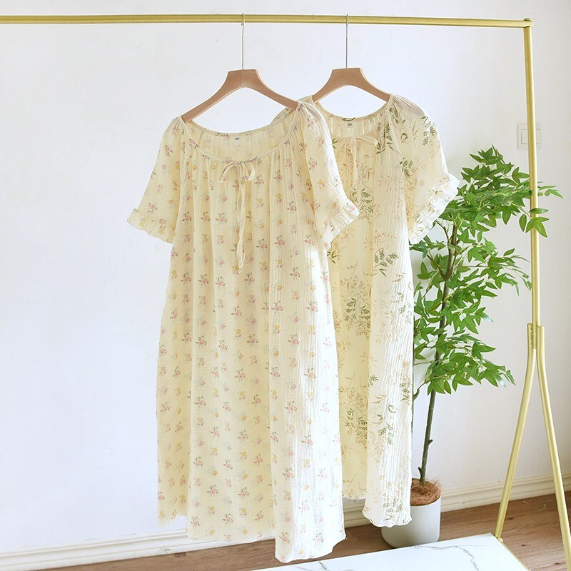 Tavasz és nyár 2024 új női hálóing 100% pamut rövid ujjú szoknya kerek nyakú, szép virágos szabadidős háztartási szoknya