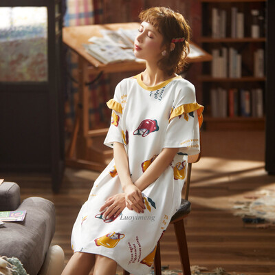 Aranyos rajzfilm hálóruha Női Hálóruhák Köntös Nyári Hálóruha Pamut pizsama hálóing Vintage ruha Otthoni ruhák