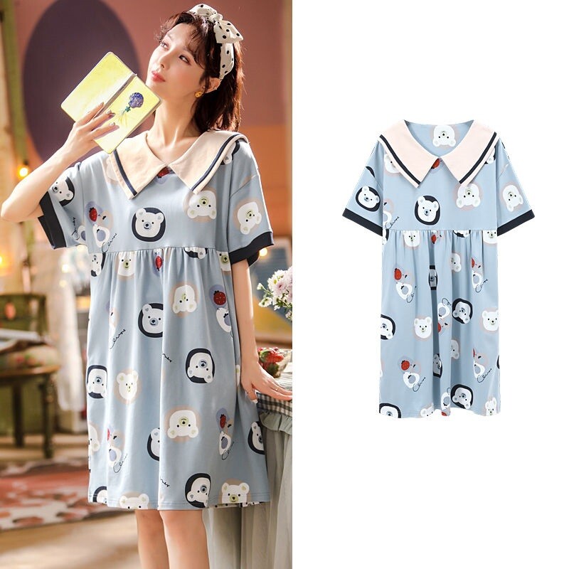 Aranyos rajzfilm hálóruha Női Hálóruhák Köntös Nyári Hálóruha Pamut pizsama hálóing Vintage ruha Otthoni ruhák