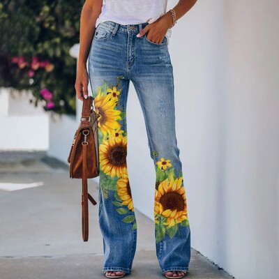 Y2K Ladies Retro platėjančios kelnės Baggy Jeans Moteriškos gėlėmis margintos Slim Fit džinsinės kelnės Pantalones Streetwear джинсы женский