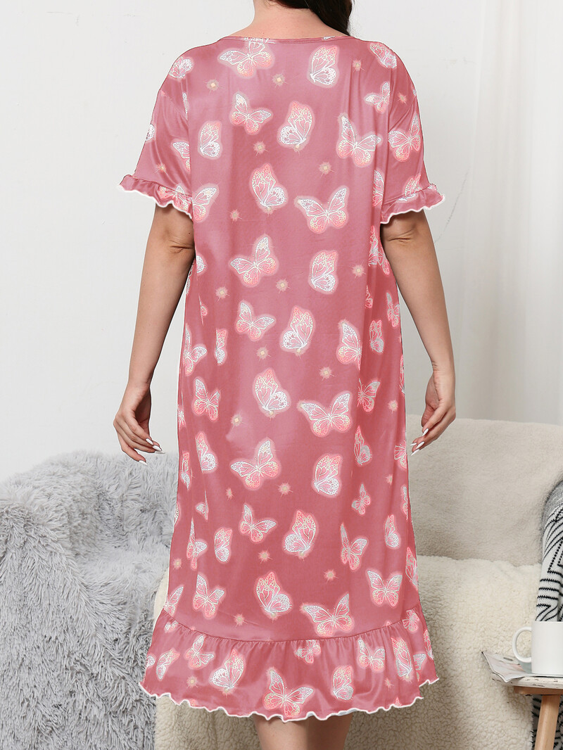 Nagy méretű női pizsama otthoni ruha aranyos pillangómintás rózsaszín hosszú, rövid ujjú pizsamaszoknya