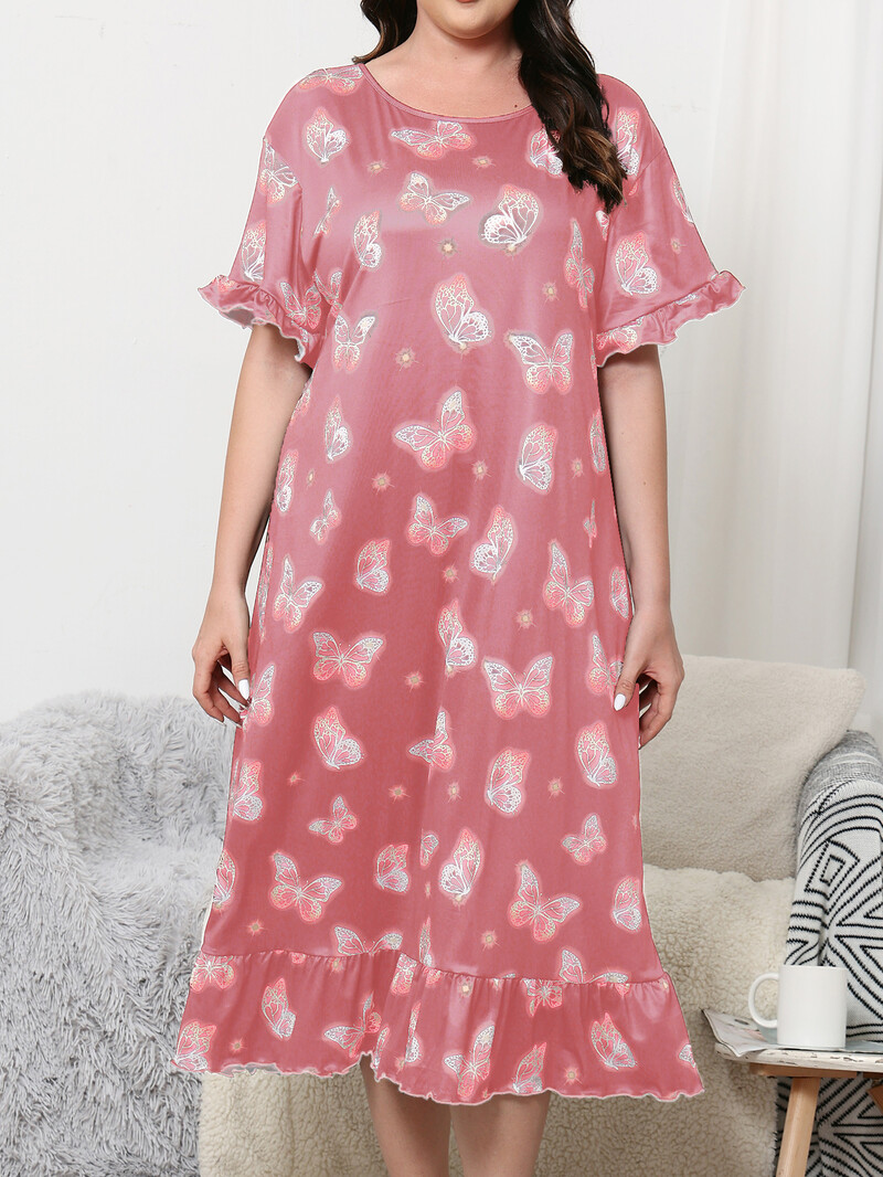 Nagy méretű női pizsama otthoni ruha aranyos pillangómintás rózsaszín hosszú, rövid ujjú pizsamaszoknya