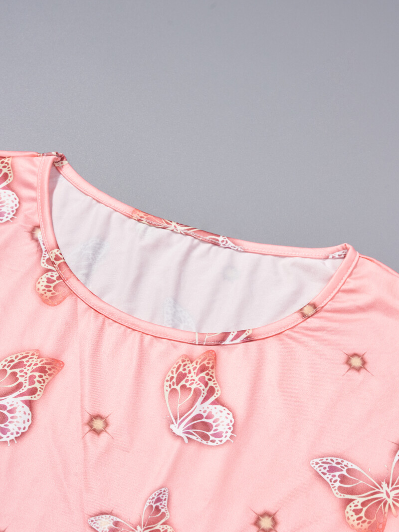 Nagy méretű női pizsama otthoni ruha aranyos pillangómintás rózsaszín hosszú, rövid ujjú pizsamaszoknya