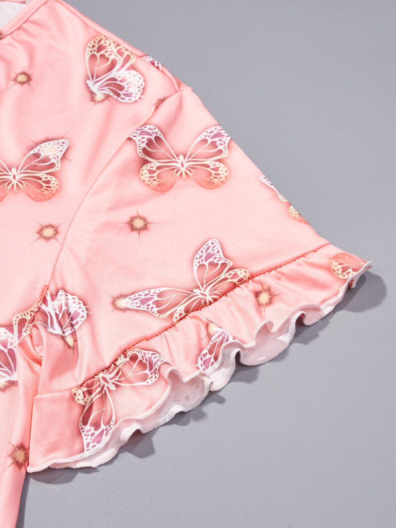 Nagy méretű női pizsama otthoni ruha aranyos pillangómintás rózsaszín hosszú, rövid ujjú pizsamaszoknya