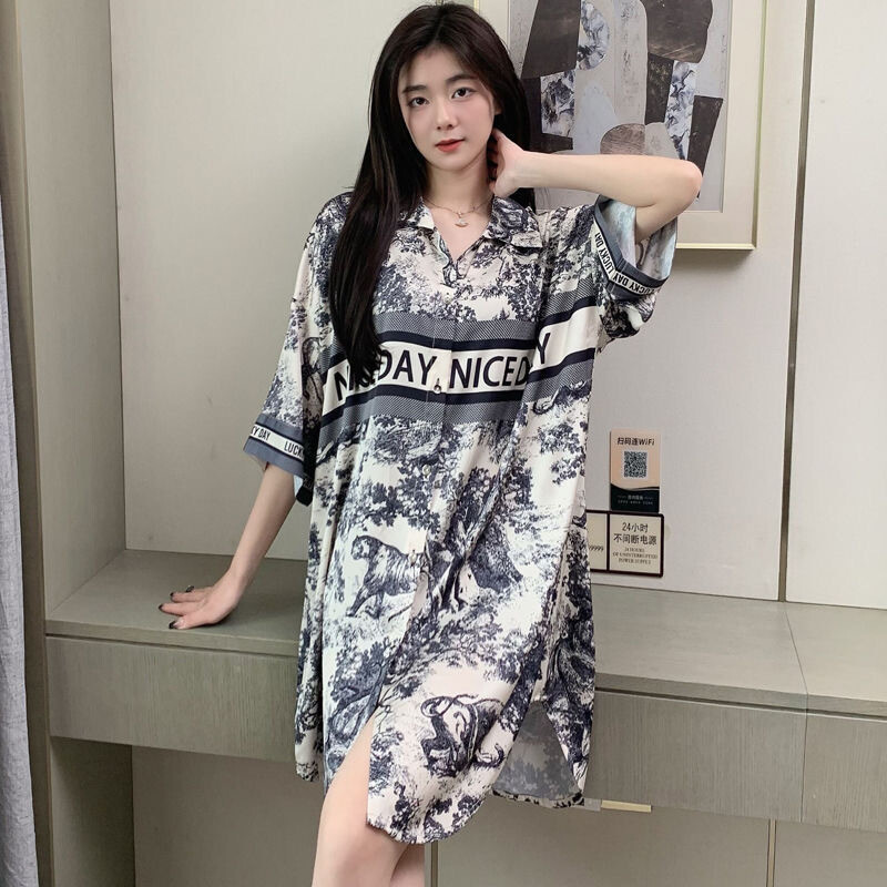 Cămașă de noapte sexy Cămașă de noapte din mătase de vară pentru femeie Senior Sense of Big Yards Rochie cămașă de lungime medie Pure Desire Cămașă de vânt Cămașă de noapte Sk