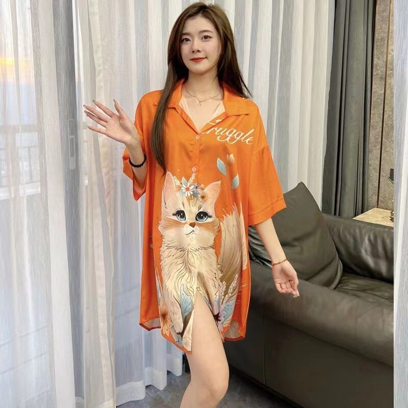 Cămașă de noapte sexy Cămașă de noapte din mătase de vară pentru femeie Senior Sense of Big Yards Rochie cămașă de lungime medie Pure Desire Cămașă de vânt Cămașă de noapte Sk