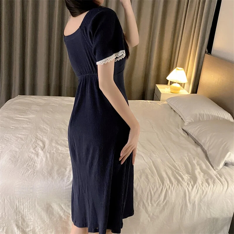 Cămăși de noapte din bumbac 100% cu mânecă scurtă de vară 2024 pentru femei coreeană drăguță din dantelă îmbrăcăminte de noapte Cămașă de noapte rochie de noapte