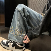 Pánske džínsy Hip Hop Harajuku Streetwear s osobnosťou a výšivkou, voľné džínsové nohavice značky Baggy Straight Wide Leg pánske nohavice