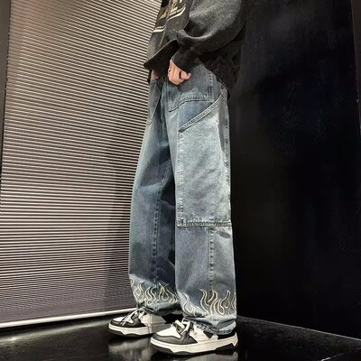 Pánske džínsy Hip Hop Harajuku Streetwear s osobnosťou a výšivkou, voľné džínsové nohavice značky Baggy Straight Wide Leg pánske nohavice
