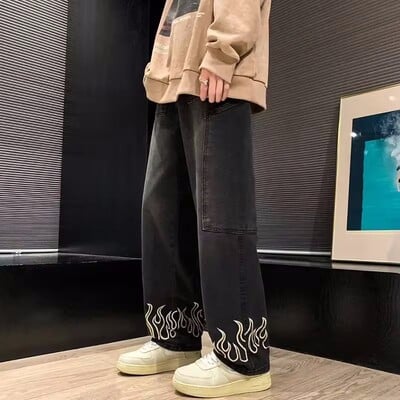 Pánske džínsy Hip Hop Harajuku Streetwear s osobnosťou a výšivkou, voľné džínsové nohavice značky Baggy Straight Wide Leg pánske nohavice