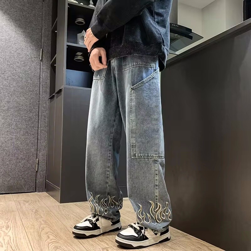 Pánske džínsy Hip Hop Harajuku Streetwear s osobnosťou a výšivkou, voľné džínsové nohavice značky Baggy Straight Wide Leg pánske nohavice