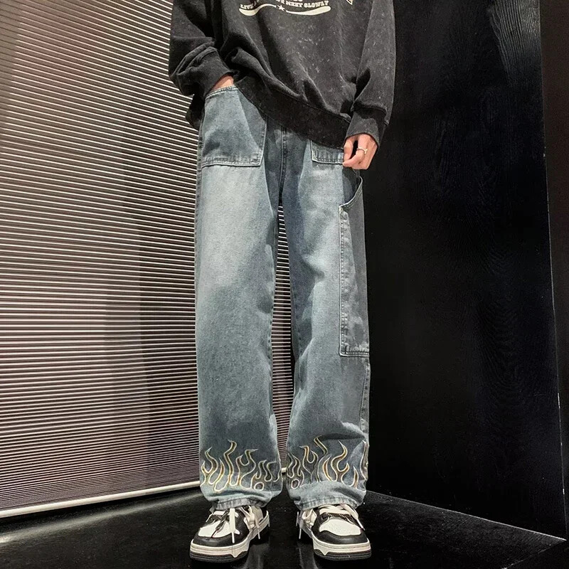 Pánske džínsy Hip Hop Harajuku Streetwear s osobnosťou a výšivkou, voľné džínsové nohavice značky Baggy Straight Wide Leg pánske nohavice