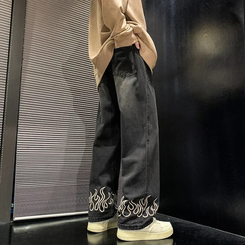 Pánske džínsy Hip Hop Harajuku Streetwear s osobnosťou a výšivkou, voľné džínsové nohavice značky Baggy Straight Wide Leg pánske nohavice