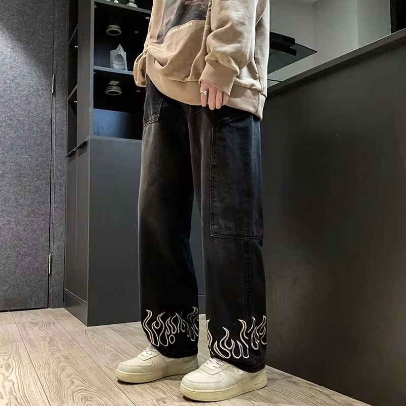 Pánske džínsy Hip Hop Harajuku Streetwear s osobnosťou a výšivkou, voľné džínsové nohavice značky Baggy Straight Wide Leg pánske nohavice