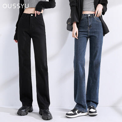 OUSSYU Jeans női egyenes pamut magas derekú farmer nadrág egyszínű fekete kék sztreccs városi divat vintage bő nadrág