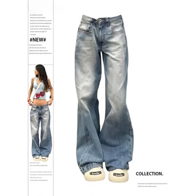 Femei Vintage American Y2k Japonez Harajuku Streetwear Pantaloni largi din denim cu talie joasă Pantaloni lungi Anii 2000 Estetic Jean Kpop Punk