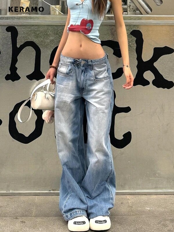 Femei Vintage American Y2k Japonez Harajuku Streetwear Pantaloni largi din denim cu talie joasă Pantaloni lungi Anii 2000 Estetic Jean Kpop Punk