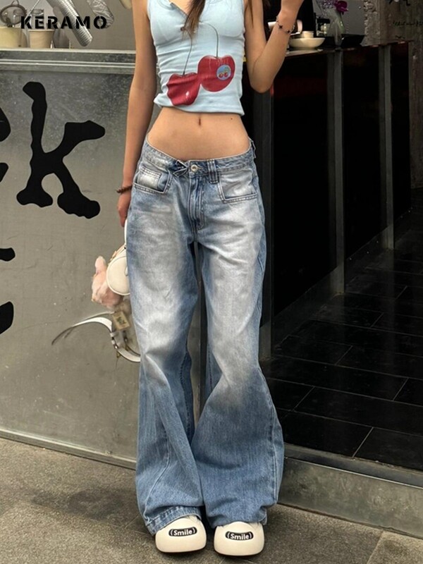 Femei Vintage American Y2k Japonez Harajuku Streetwear Pantaloni largi din denim cu talie joasă Pantaloni lungi Anii 2000 Estetic Jean Kpop Punk