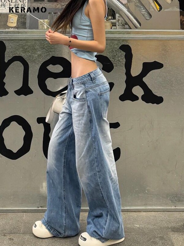 Femei Vintage American Y2k Japonez Harajuku Streetwear Pantaloni largi din denim cu talie joasă Pantaloni lungi Anii 2000 Estetic Jean Kpop Punk