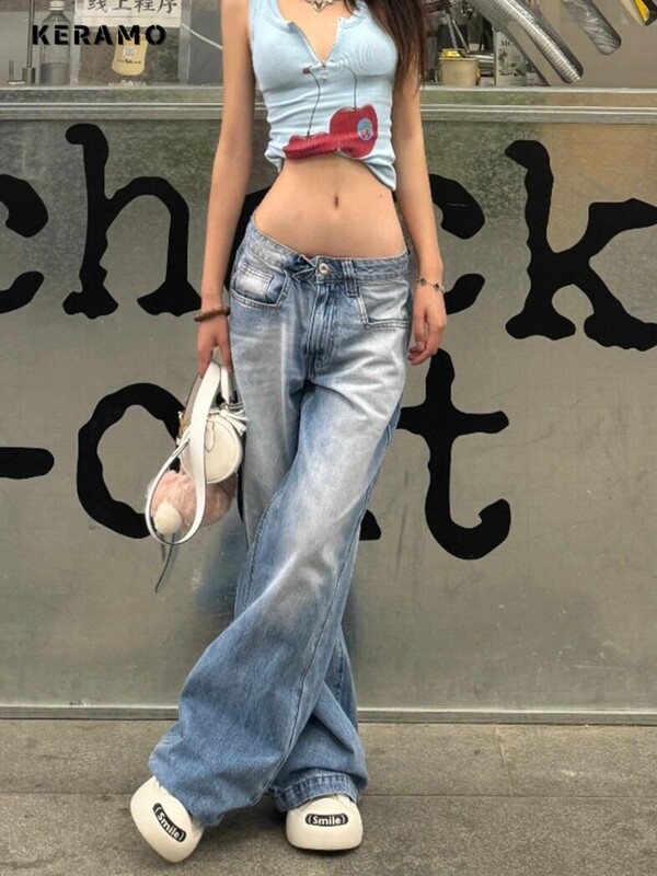 Femei Vintage American Y2k Japonez Harajuku Streetwear Pantaloni largi din denim cu talie joasă Pantaloni lungi Anii 2000 Estetic Jean Kpop Punk