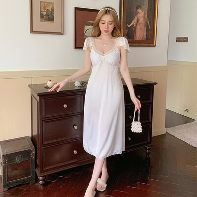 Princess stílusú hosszú hálóruha Hálóruha Szatén csipke patchwork Otthoni ruházat Hálóruha Női nappaliruha Háziruházat Hálóing