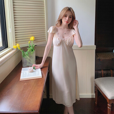 Princess stílusú hosszú hálóruha Hálóruha Szatén csipke patchwork Otthoni ruházat Hálóruha Női nappaliruha Háziruházat Hálóing