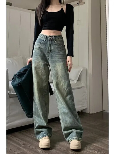Dámske džínsy Y2k Baggy Wide Leg, vintage streetwear, prané džínsy, grunge, základné, voľné, modré, jarné