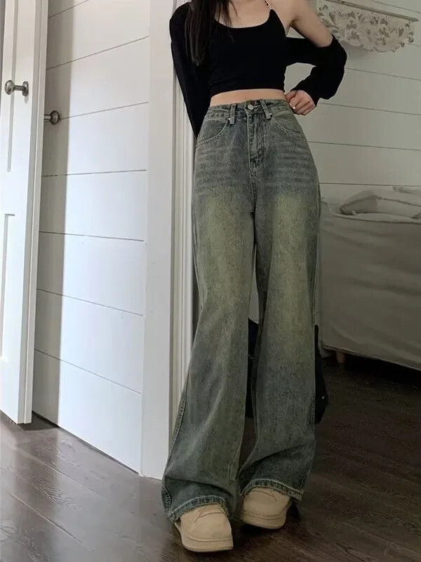 Dámske džínsy Y2k Baggy Wide Leg, vintage streetwear, prané džínsy, grunge, základné, voľné, modré, jarné