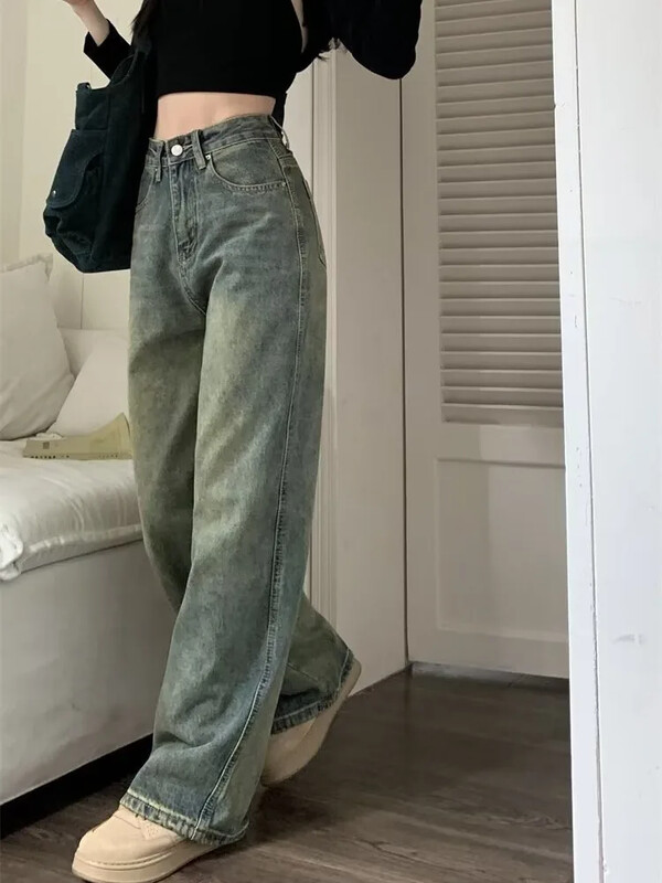 Dámske džínsy Y2k Baggy Wide Leg, vintage streetwear, prané džínsy, grunge, základné, voľné, modré, jarné