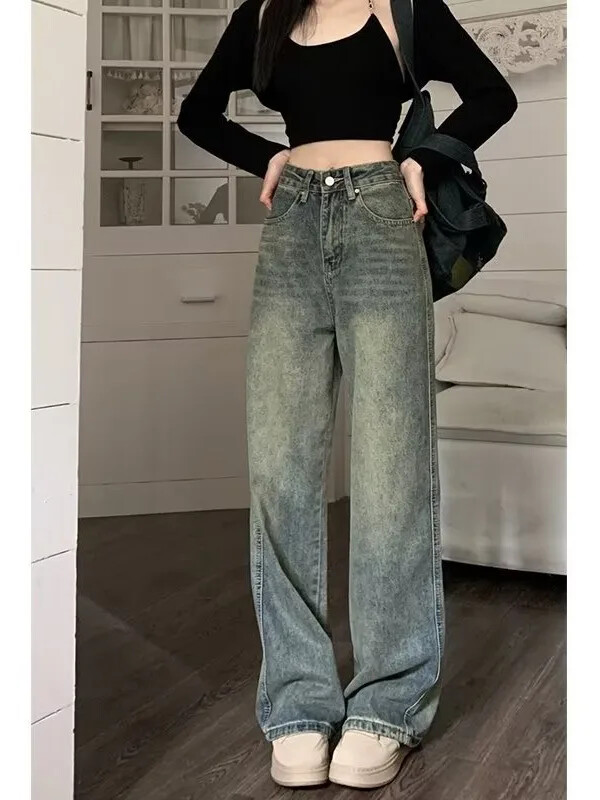 Dámske džínsy Y2k Baggy Wide Leg, vintage streetwear, prané džínsy, grunge, základné, voľné, modré, jarné
