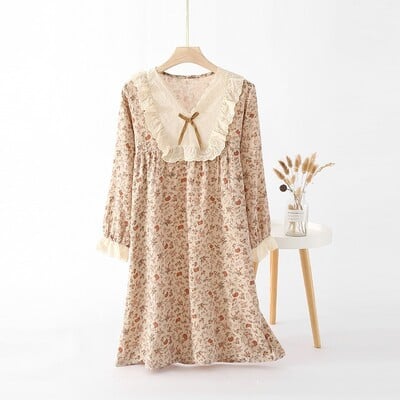 Francúzske vintage ružové pyžamo Dámske bavlnené nočné košele Voľné krátke dlhé rukávy Pijama Sexy Mujer Čipka V-výstrih Elegantná nočná košeľa