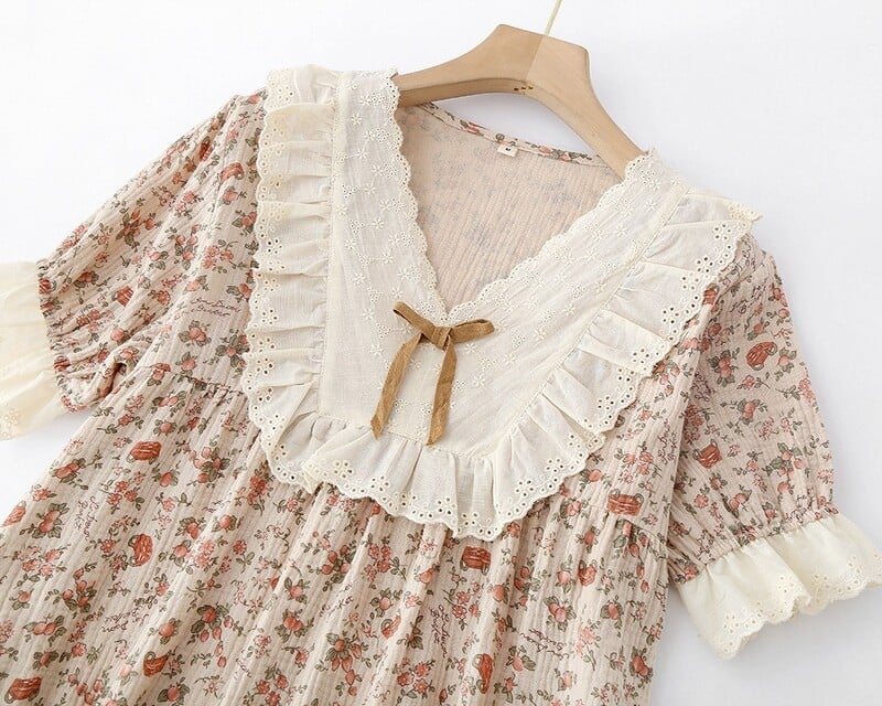 Francúzske vintage ružové pyžamo Dámske bavlnené nočné košele Voľné krátke dlhé rukávy Pijama Sexy Mujer Čipka V-výstrih Elegantná nočná košeľa