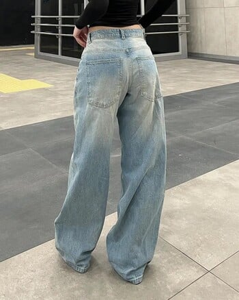 Vintage New Fashion Ψηλόμεση Μπλε πλυμένη απομίμηση Old Jeans Ladies Y2K Harajuku φαρδύ ίσιο παντελόνι Casual παντελόνι με φαρδύ πόδι