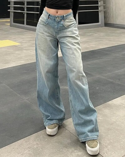 Vintage jauna mode ar augstu vidukli zila mazgāta imitācija veci džinsi Sieviešu Y2K Harajuku Baggy Straight Bikses Ikdienas platas bikses