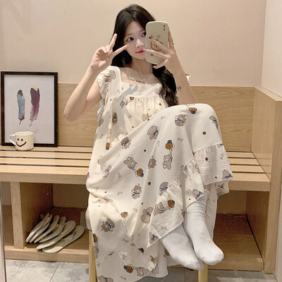 Nagy méretű pizsama női ráncos ruha nyári édes rajzfilm diák bő hálóing Vékony nappaliruha külső viselet otthoni ruhák