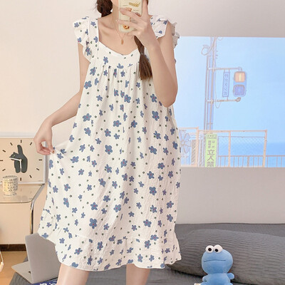 Nagy méretű pizsama női ráncos ruha nyári édes rajzfilm diák bő hálóing Vékony nappaliruha külső viselet otthoni ruhák