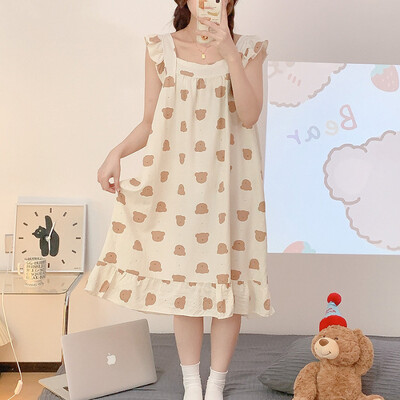 Nagy méretű pizsama női ráncos ruha nyári édes rajzfilm diák bő hálóing Vékony nappaliruha külső viselet otthoni ruhák