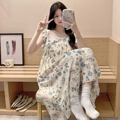 Nagy méretű pizsama női ráncos ruha nyári édes rajzfilm diák bő hálóing Vékony nappaliruha külső viselet otthoni ruhák
