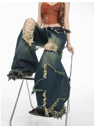 Blugi rupti Y2k albastru închis pentru femei Pantaloni largi Harajuku denim Pantaloni vintage stea Jean Pantaloni în stil japonez al anilor 2000 haine trasy 2024