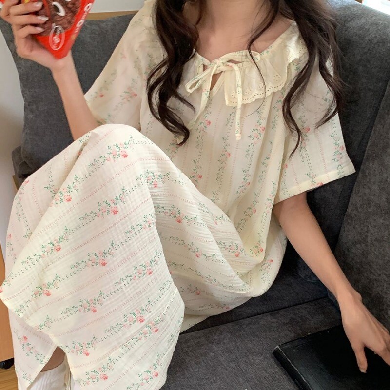 Virágos hálóing Hálóruha Női koreai csipke nyári egyrészes pizsama ruha rövid ujjú éjszakai nyakkendő Alvás otthoni viselet 2024 Új