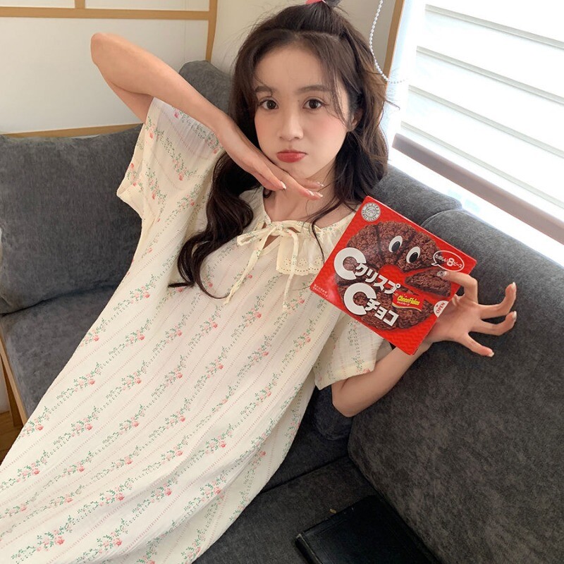 Virágos hálóing Hálóruha Női koreai csipke nyári egyrészes pizsama ruha rövid ujjú éjszakai nyakkendő Alvás otthoni viselet 2024 Új