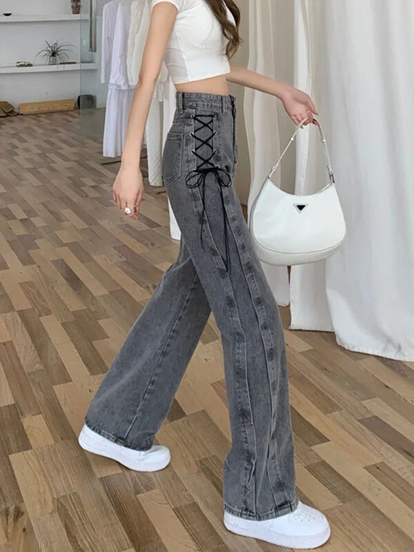 Dámske vintage šnurovacie džínsy, streetwear, džínsové nohavice Y2K, kórejské Harajuku s vysokým pásom, jesenné a zimné rovné nohavice