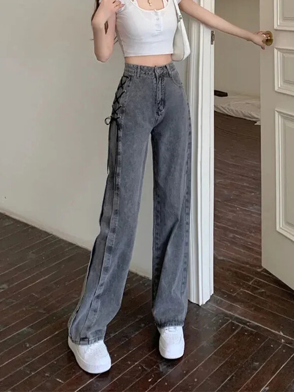 Dámske vintage šnurovacie džínsy, streetwear, džínsové nohavice Y2K, kórejské Harajuku s vysokým pásom, jesenné a zimné rovné nohavice