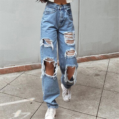 Hole Korean Oversize Streetwear Bikses Sieviešu Dobi Izplēsti Taisni Džinsi Zils Punk Baggy Augsts Viduklis Mamma Draugs Džinss