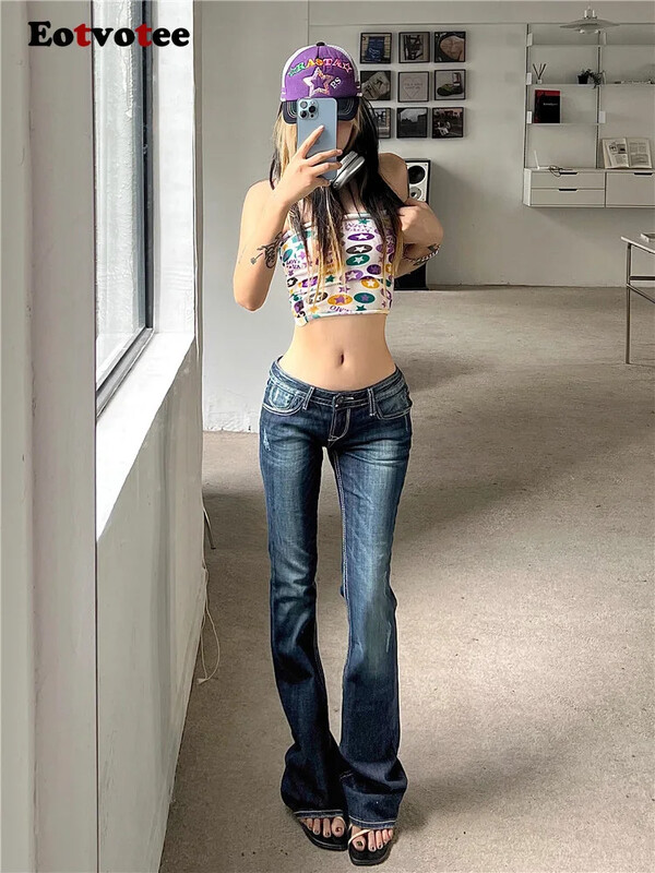 Moda femei blugi Y2K cu talie joasa pantaloni evazati din denim îmbrăcăminte de stradă pentru femei buzunare cu fermoare cu butoane fund clopot 2024 noi blugi vintage