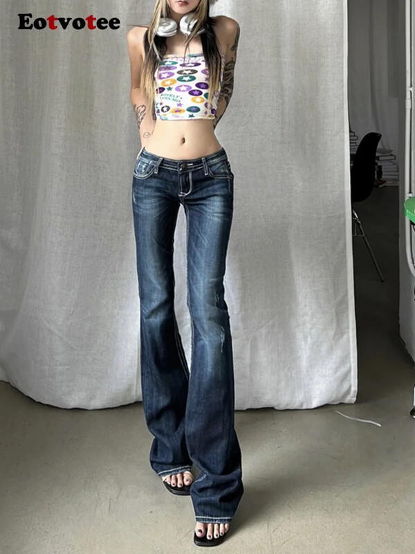 Moda femei blugi Y2K cu talie joasa pantaloni evazati din denim îmbrăcăminte de stradă pentru femei buzunare cu fermoare cu butoane fund clopot 2024 noi blugi vintage