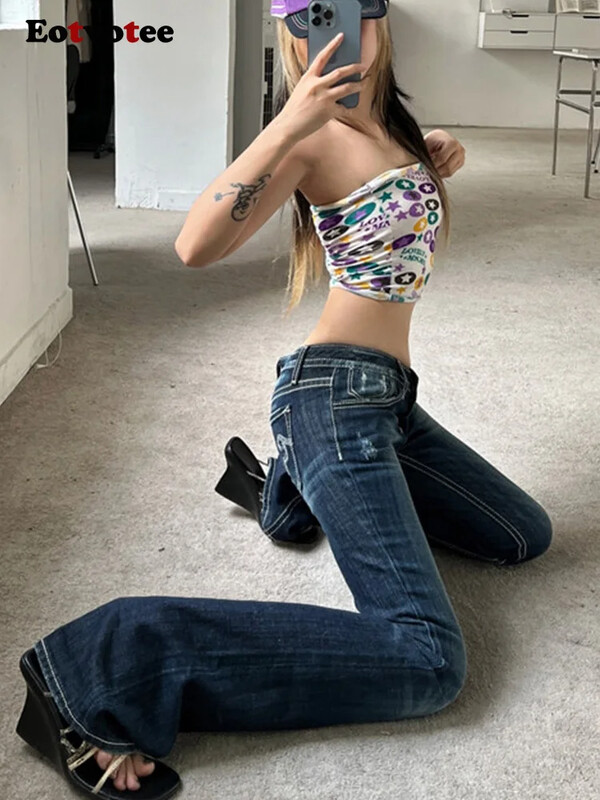 Moda femei blugi Y2K cu talie joasa pantaloni evazati din denim îmbrăcăminte de stradă pentru femei buzunare cu fermoare cu butoane fund clopot 2024 noi blugi vintage